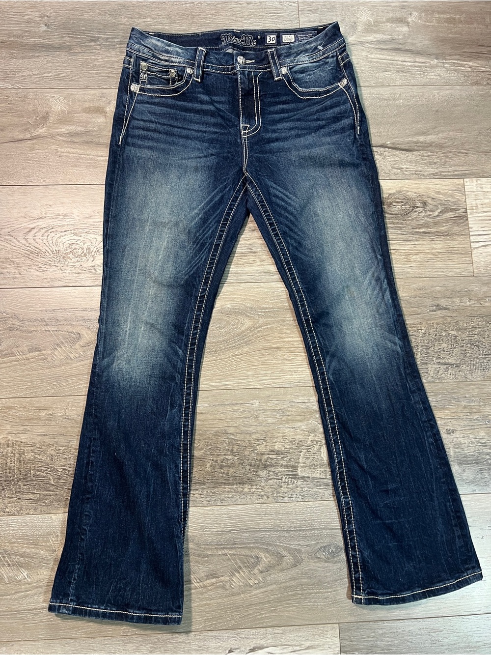 Miss Me Women’s Sz 30 Bootcut Jeans Embellish Dk Blue Lace Jewels Studs Stretch